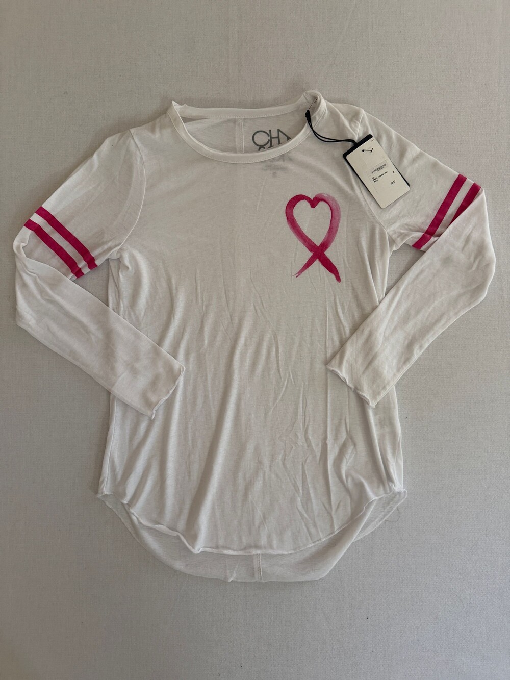 CHA Small White Long Sleeve Shirt with Pink Heart Graphic and Double Stripes 038